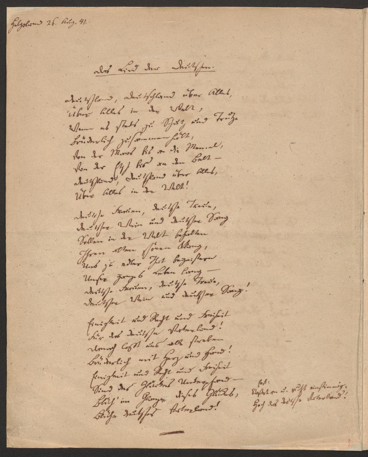 August Heinrich Hoffmann von Fallersleben: Das Lied der Deutschen, Handschrift